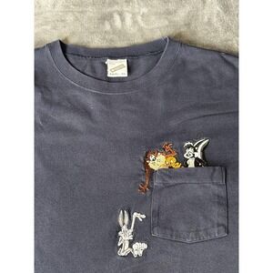 Vintage Looney Tunes Shirt Mens XL Blue Pocket Bugs Taz Tweety Pepe 1993
